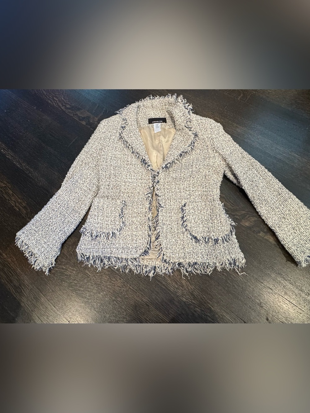 Jones New York Open Front Fringed Tweed Blazer Jacket Luxury Silk Blend size 6